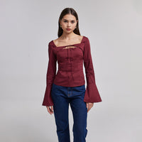 Burgundy Cotton Square Neck Long Sleeve Top - shopaleena