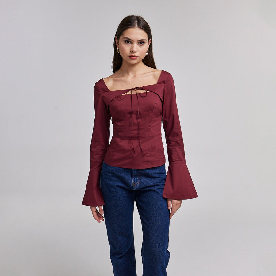 Burgundy Cotton Square Neck Long Sleeve Top - shopaleena