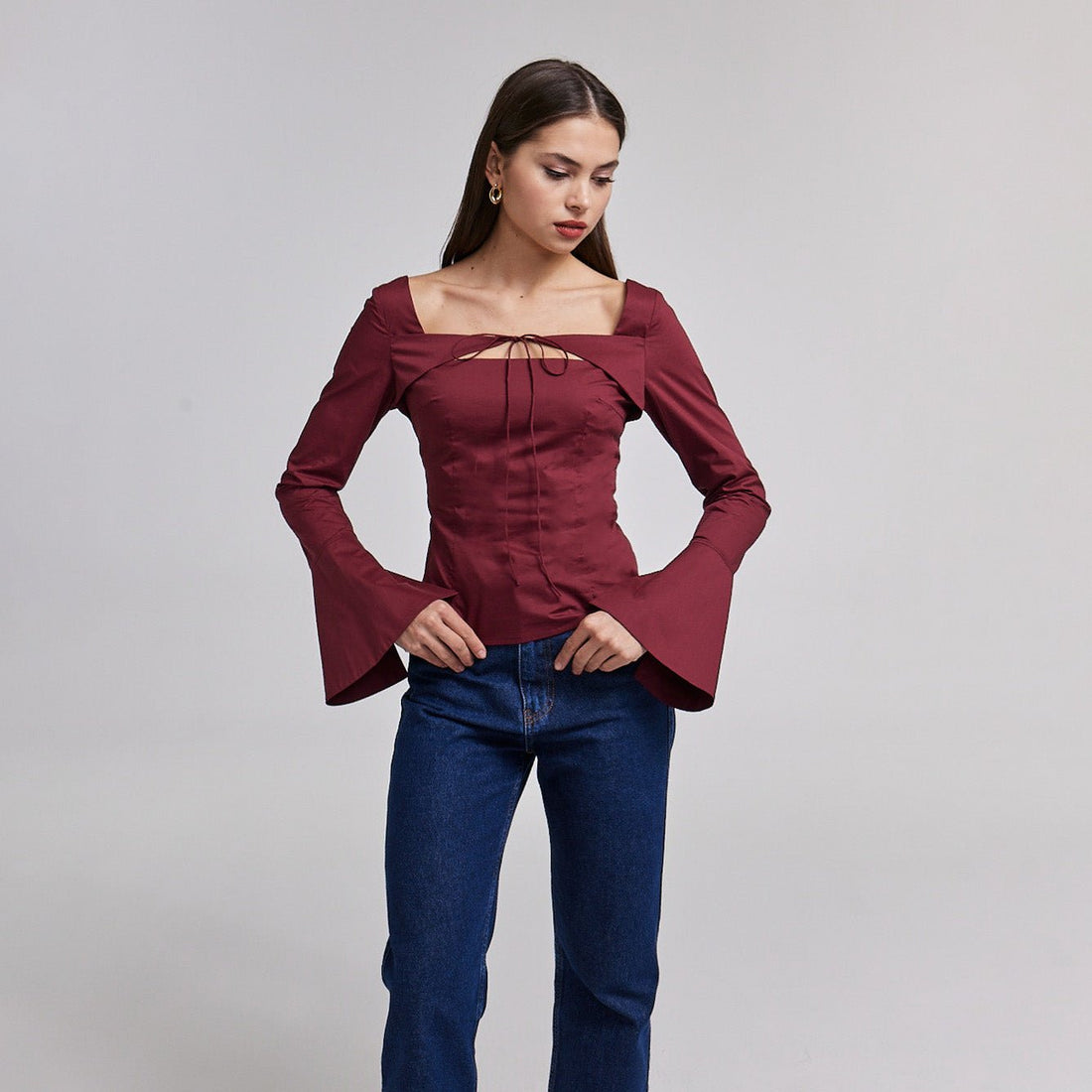 Burgundy Cotton Square Neck Long Sleeve Top - shopaleena