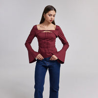 Burgundy Cotton Square Neck Long Sleeve Top - shopaleena