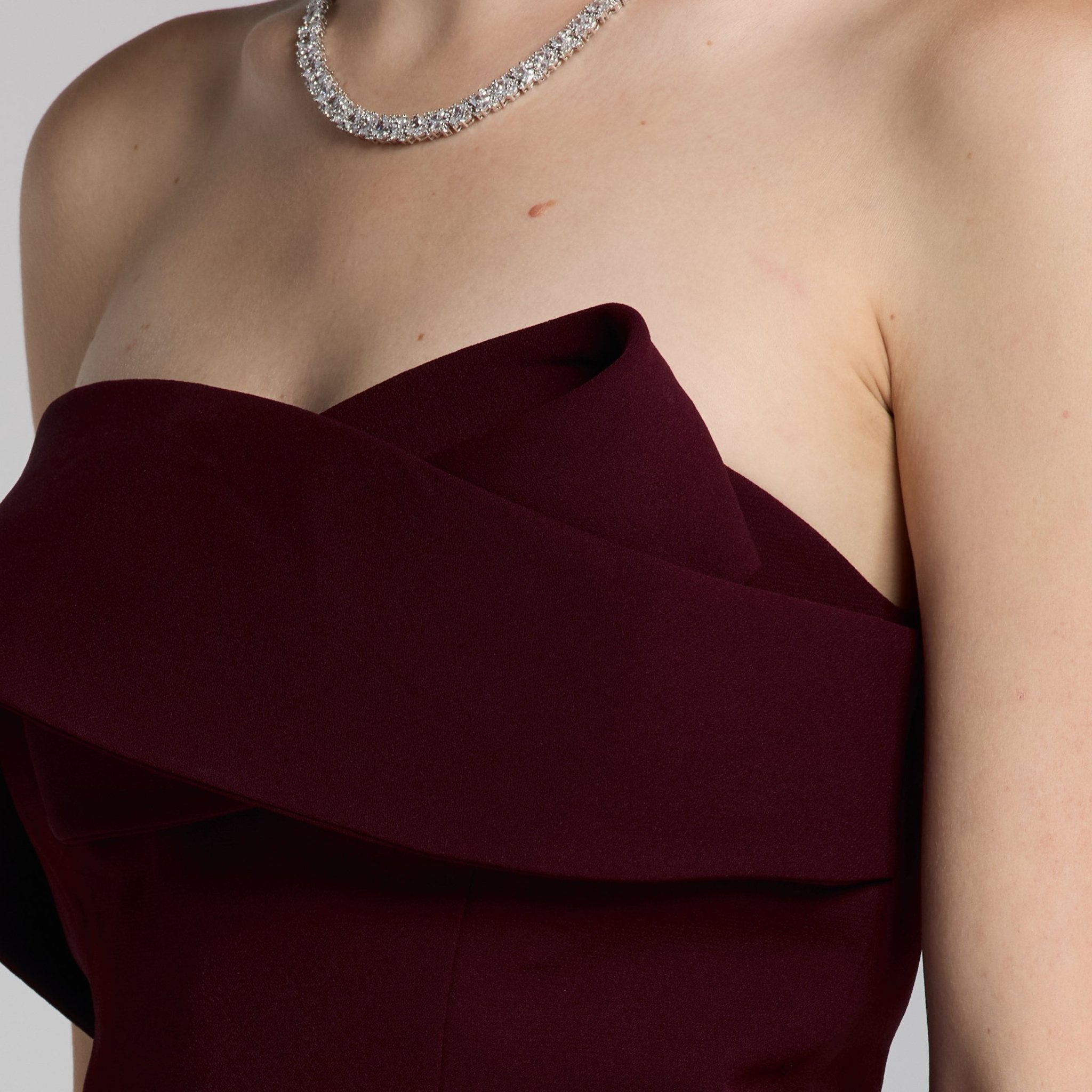 Burgundy Crepe Gown with Peplum Drape - shopaleena