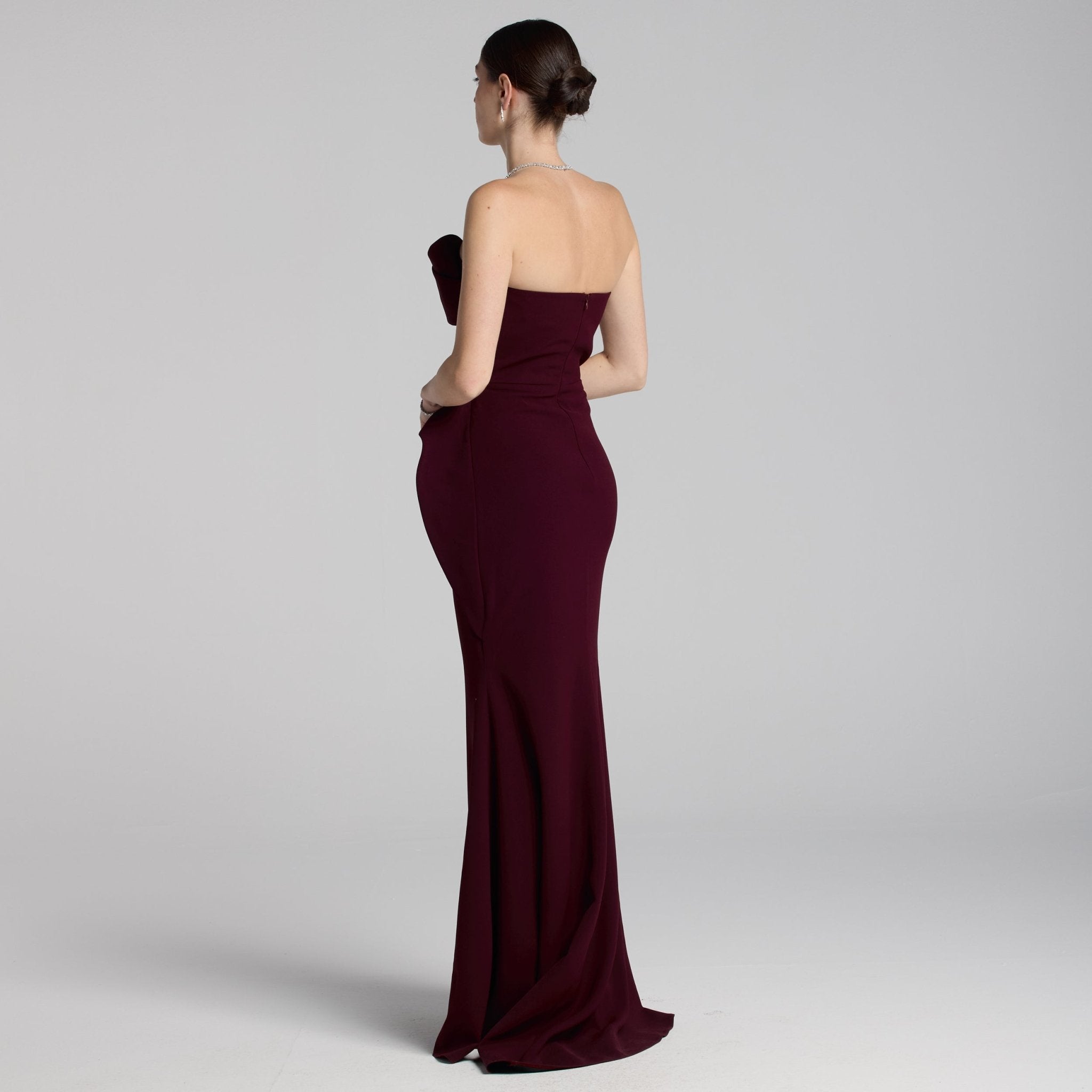 Burgundy Crepe Gown with Peplum Drape - shopaleena