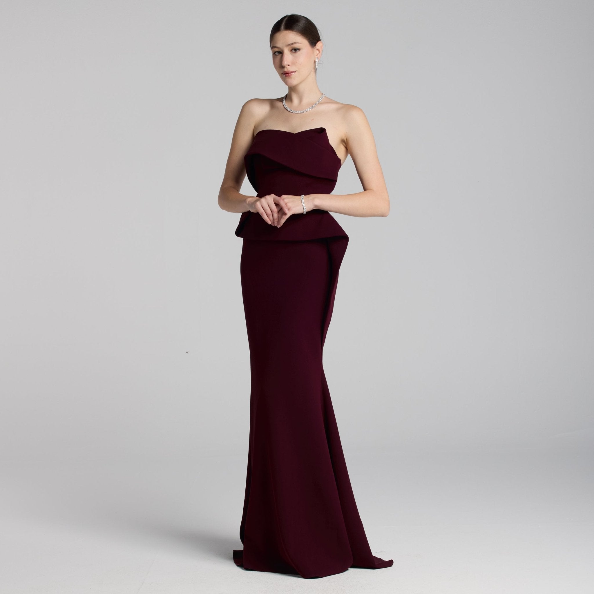 Burgundy Crepe Gown with Peplum Drape - shopaleena