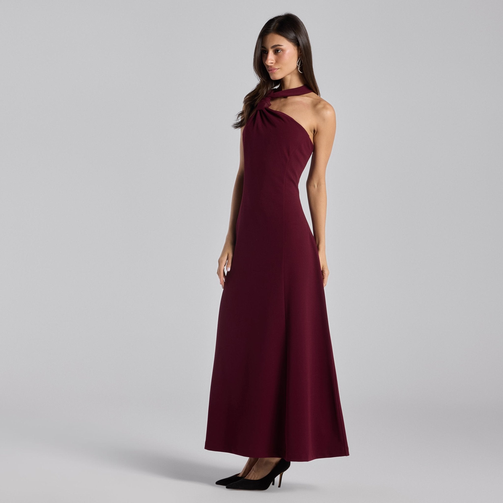 Burgundy Crepe Knot Halter Maxi Dress - shopaleena