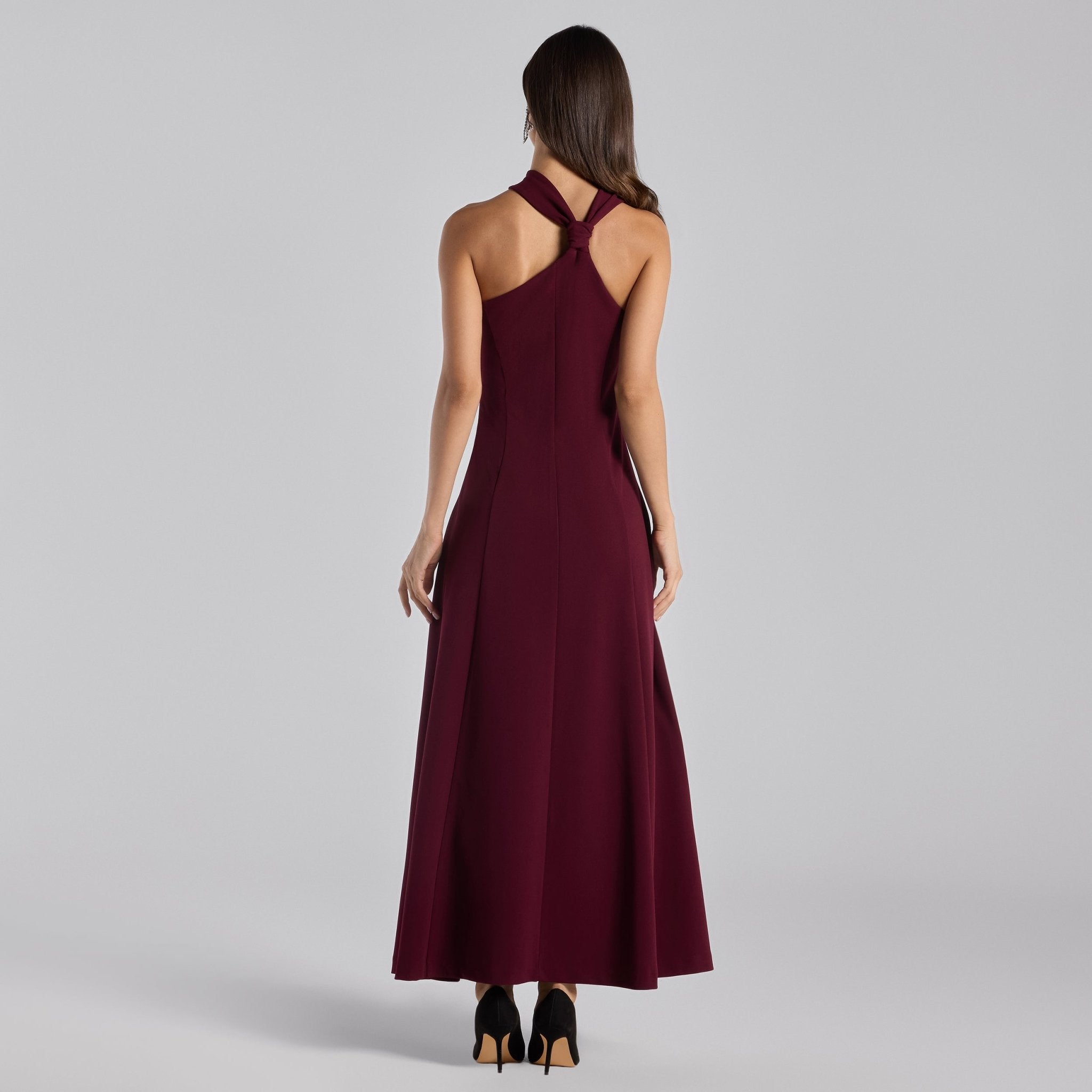 Burgundy Crepe Knot Halter Maxi Dress - shopaleena