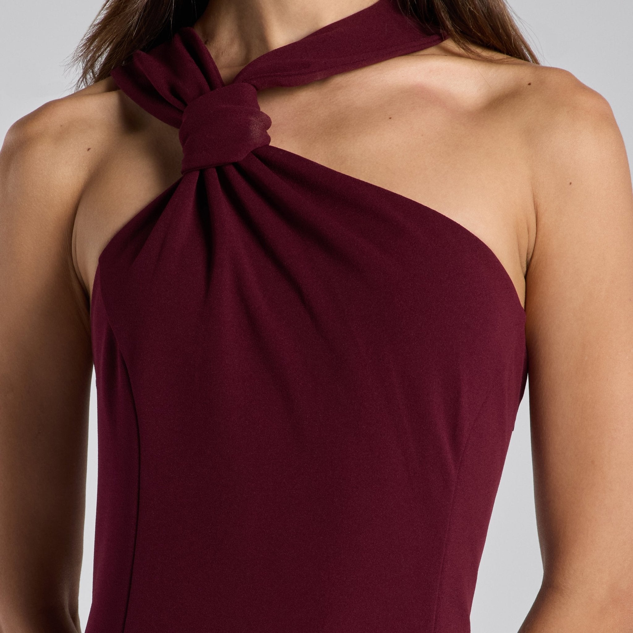 Burgundy Crepe Knot Halter Maxi Dress - shopaleena