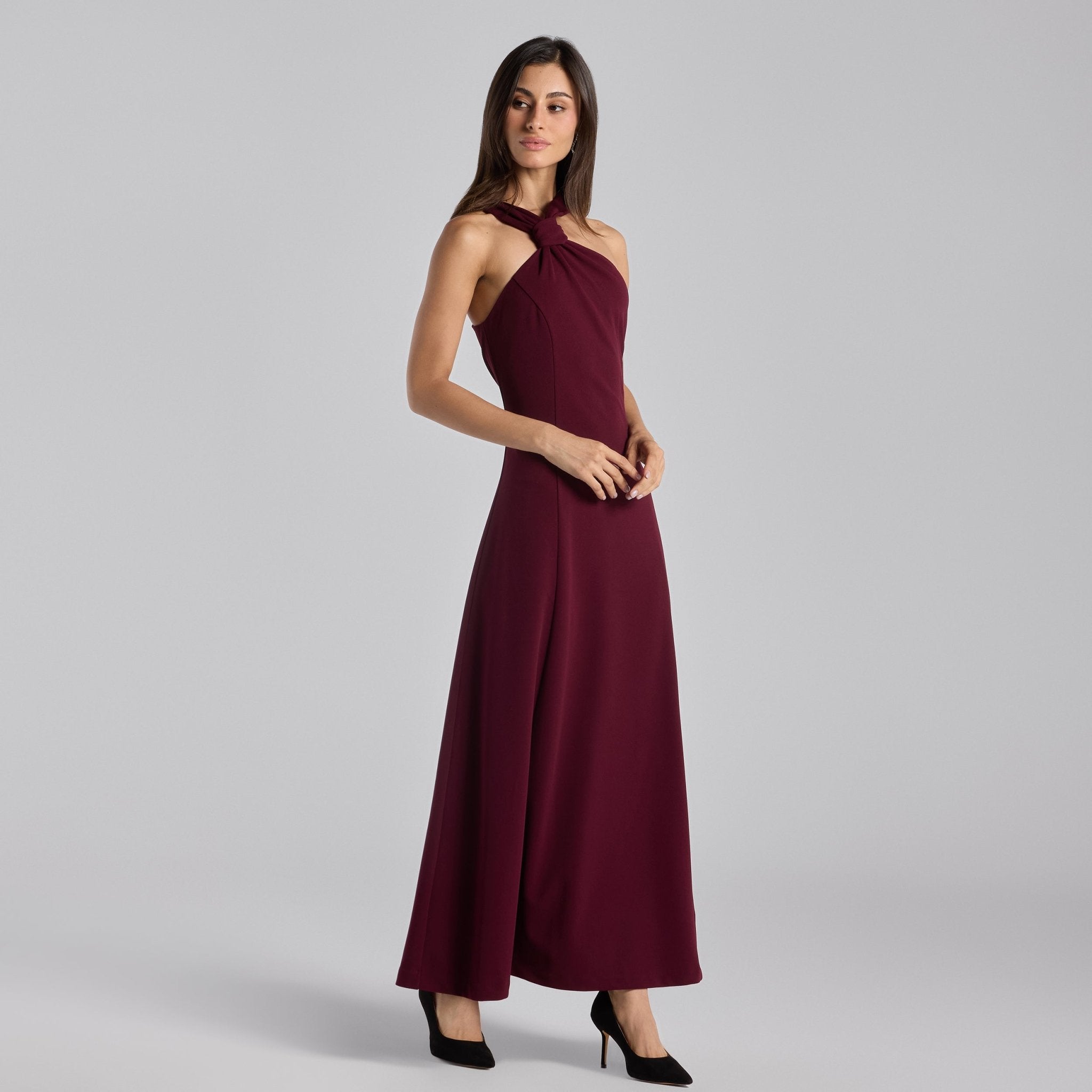 Burgundy Crepe Knot Halter Maxi Dress - shopaleena
