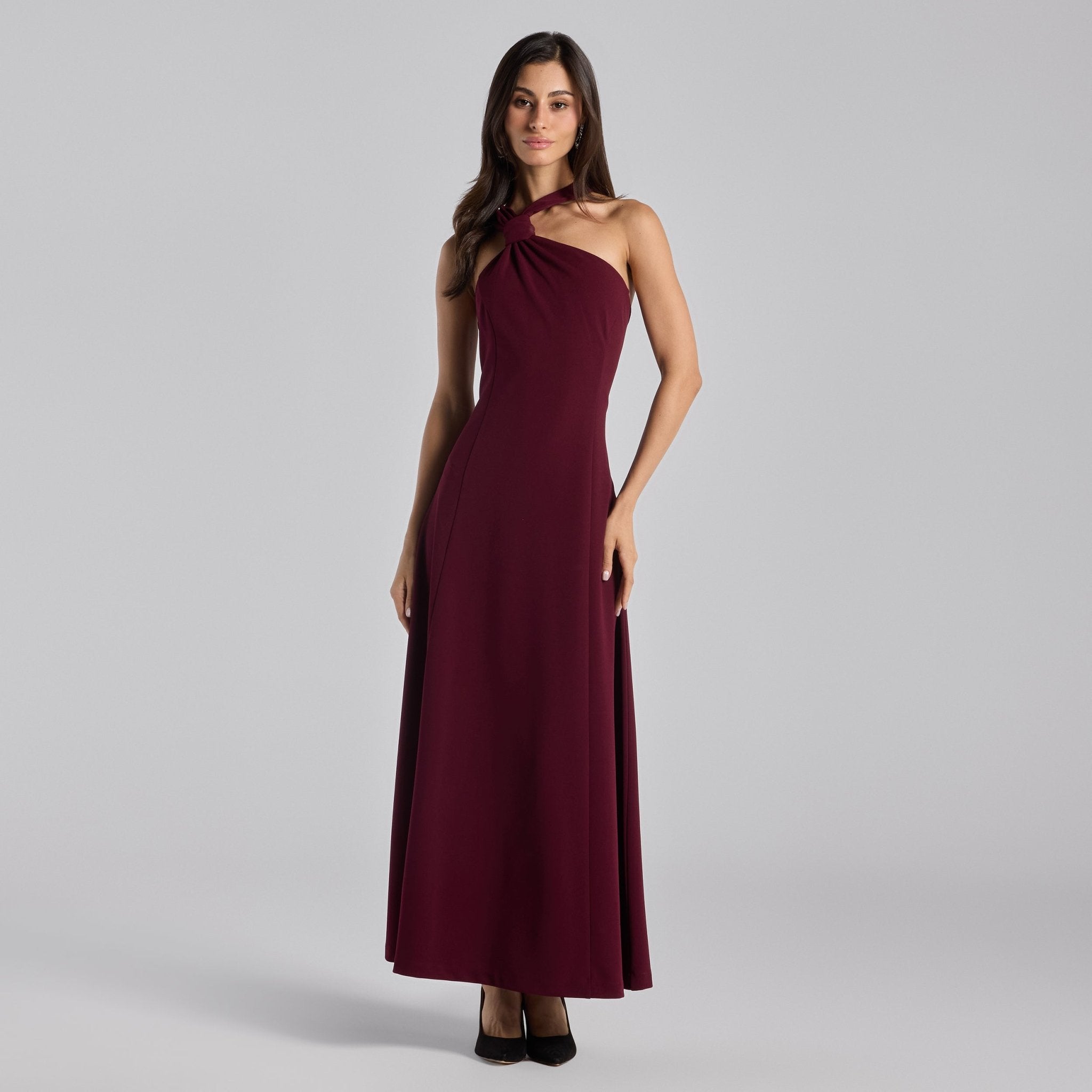 Burgundy Crepe Knot Halter Maxi Dress - shopaleena
