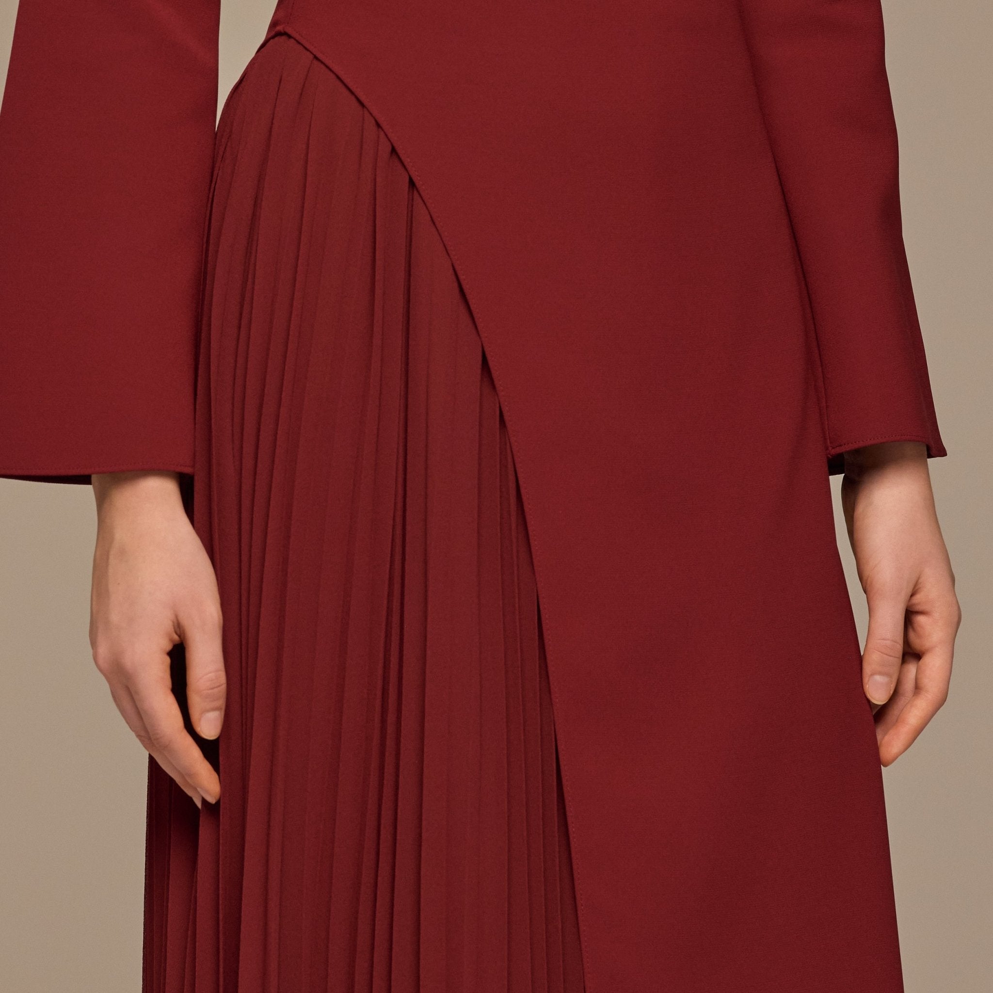 Burgundy Crepe Maxi Dress with Side Pleated Panel - shopaleena