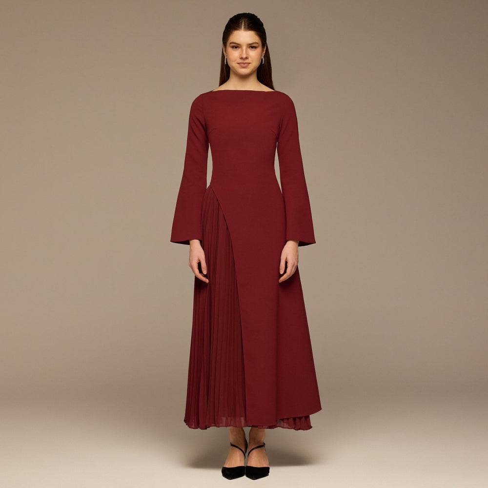 Burgundy Crepe Maxi Dress with Side Pleated Panel - shopaleena