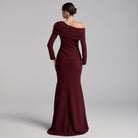 Burgundy Crepe Off Shoulder Draped Maxi Dress - shopaleena