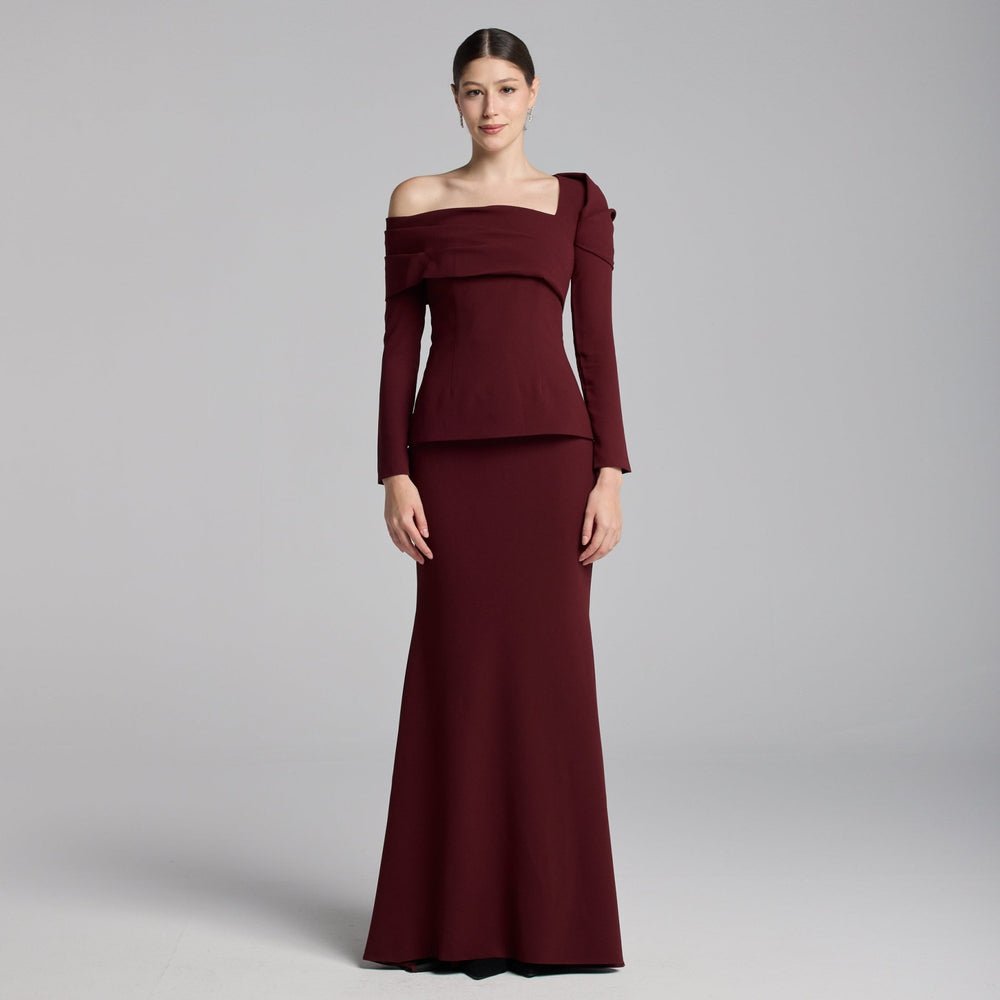 Burgundy Crepe Off Shoulder Draped Maxi Dress - shopaleena