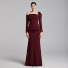 Burgundy Crepe Off Shoulder Draped Maxi Dress - shopaleena