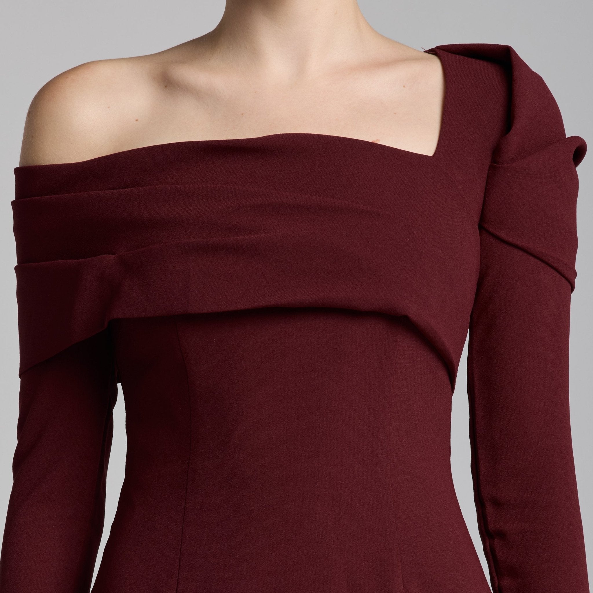 Burgundy Crepe Off Shoulder Draped Maxi Dress - shopaleena
