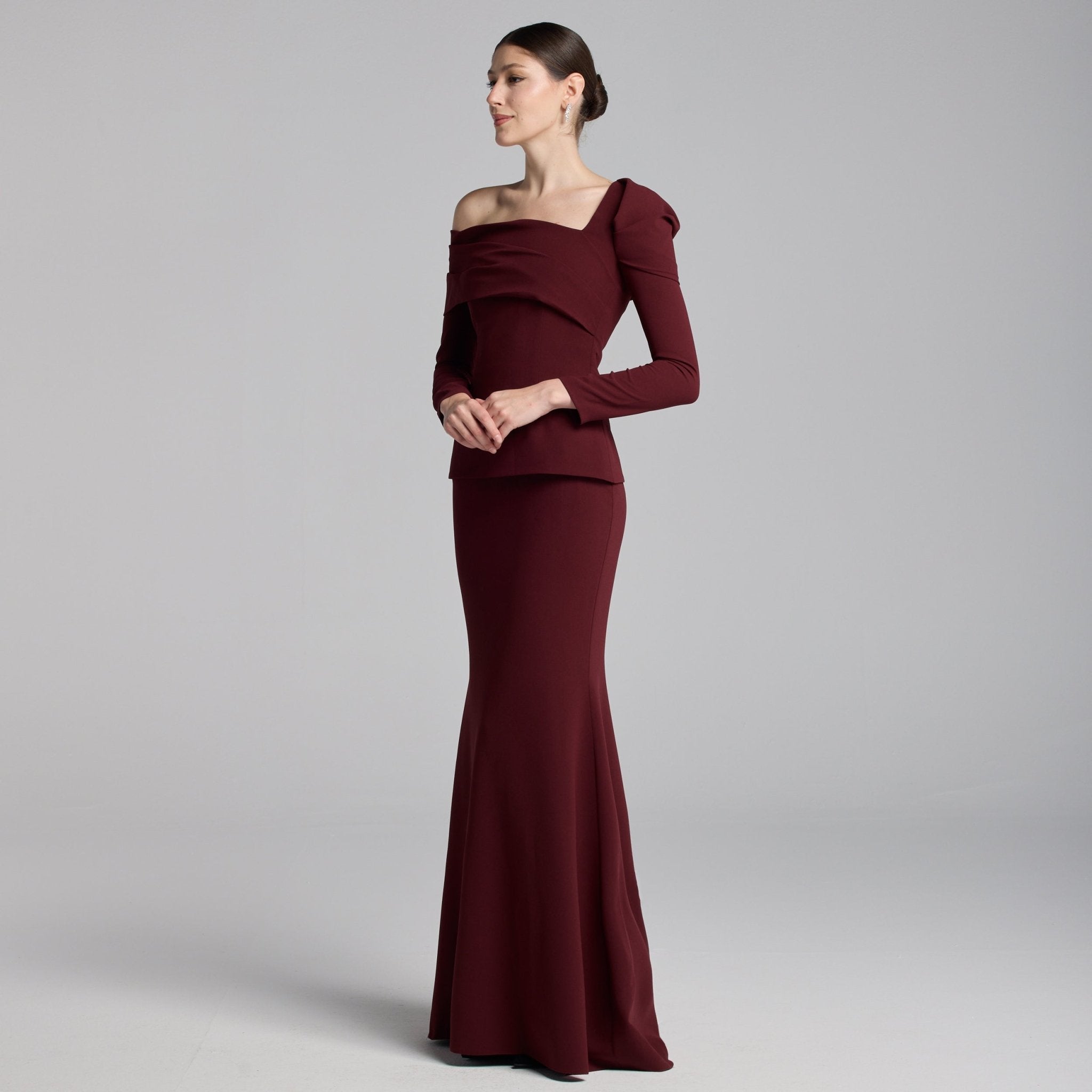 Burgundy Crepe Off Shoulder Draped Maxi Dress – shopaleena