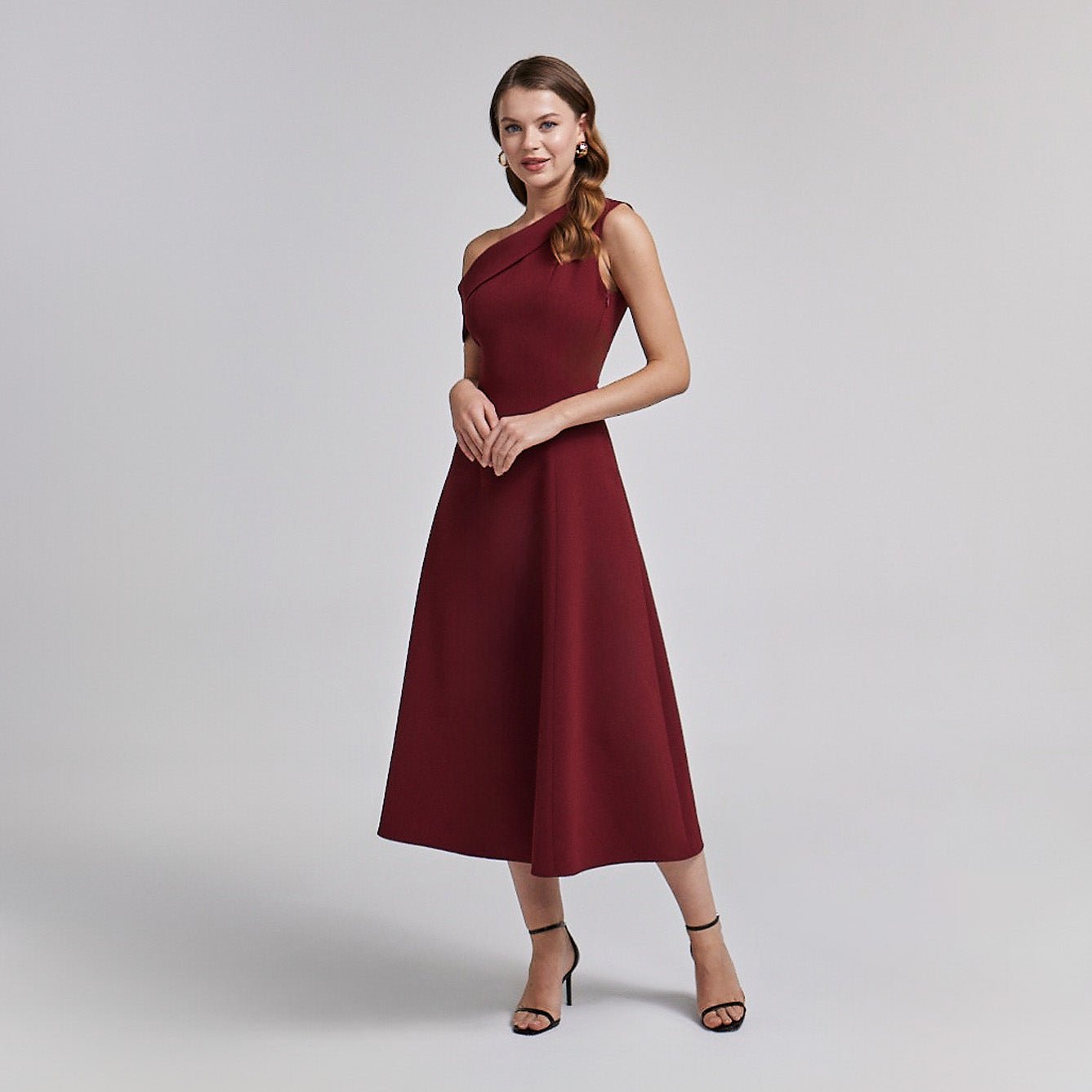 Burgundy Crepe One - Shoulder A - Line Dress - shopaleena