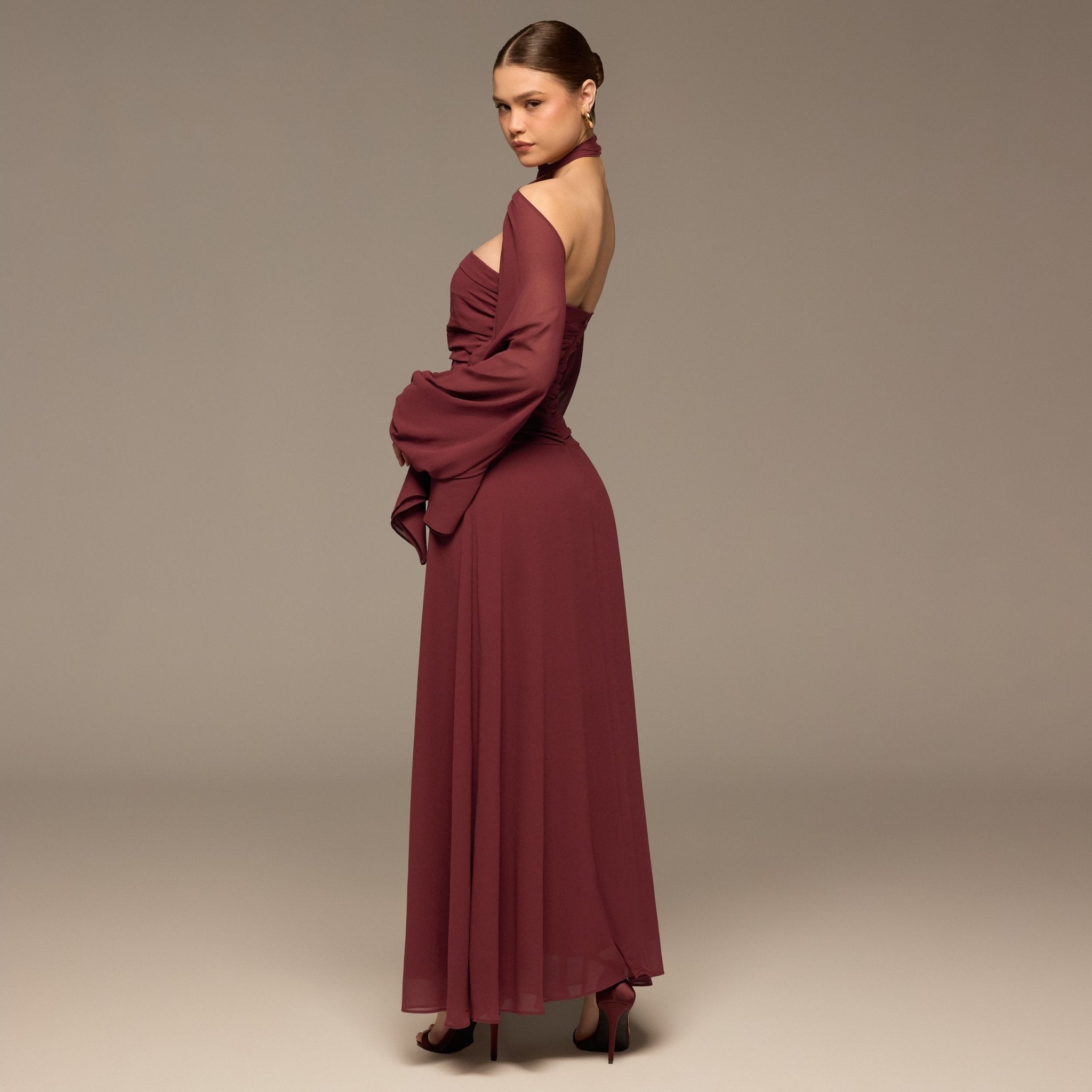 Burgundy Cross - Halter Chiffon Maxi Dress - shopaleena