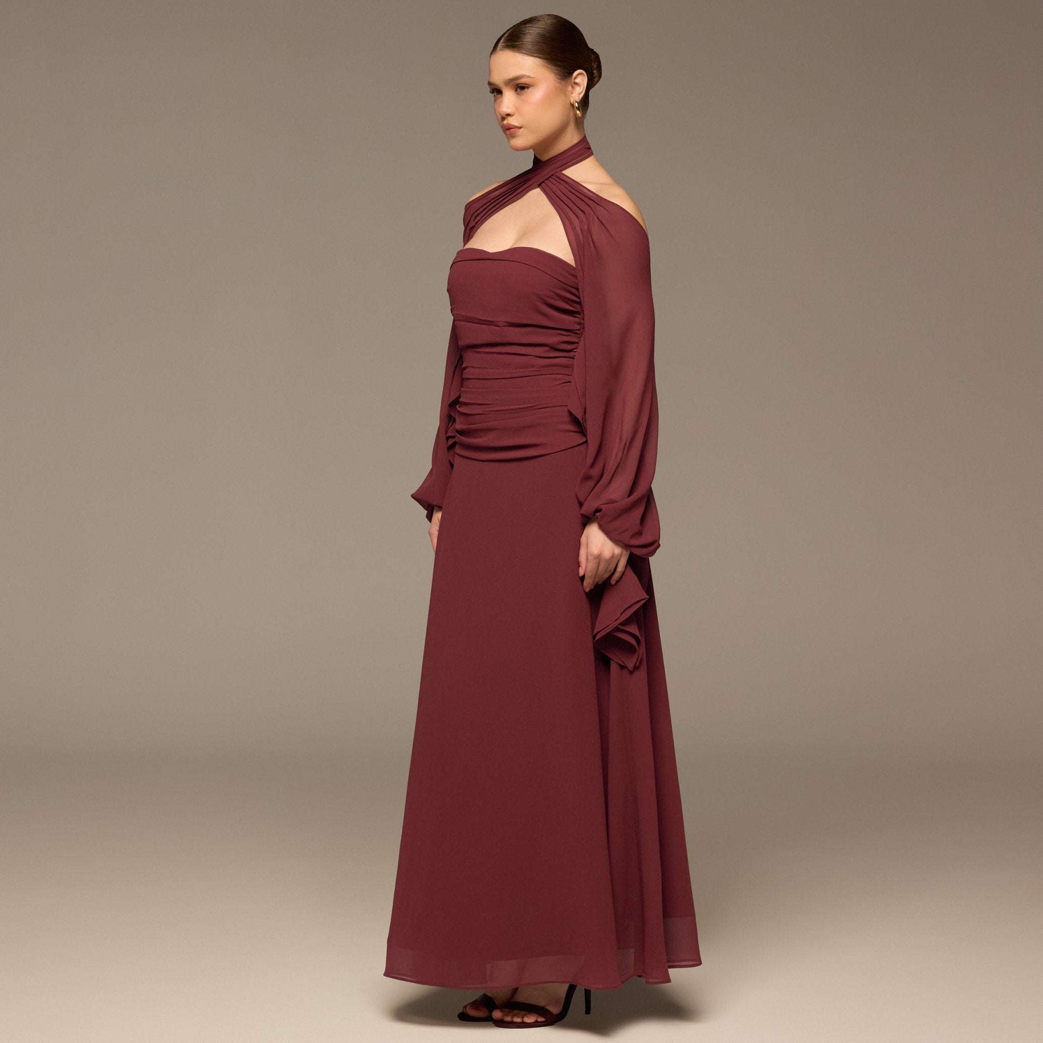 Burgundy Cross - Halter Chiffon Maxi Dress - shopaleena