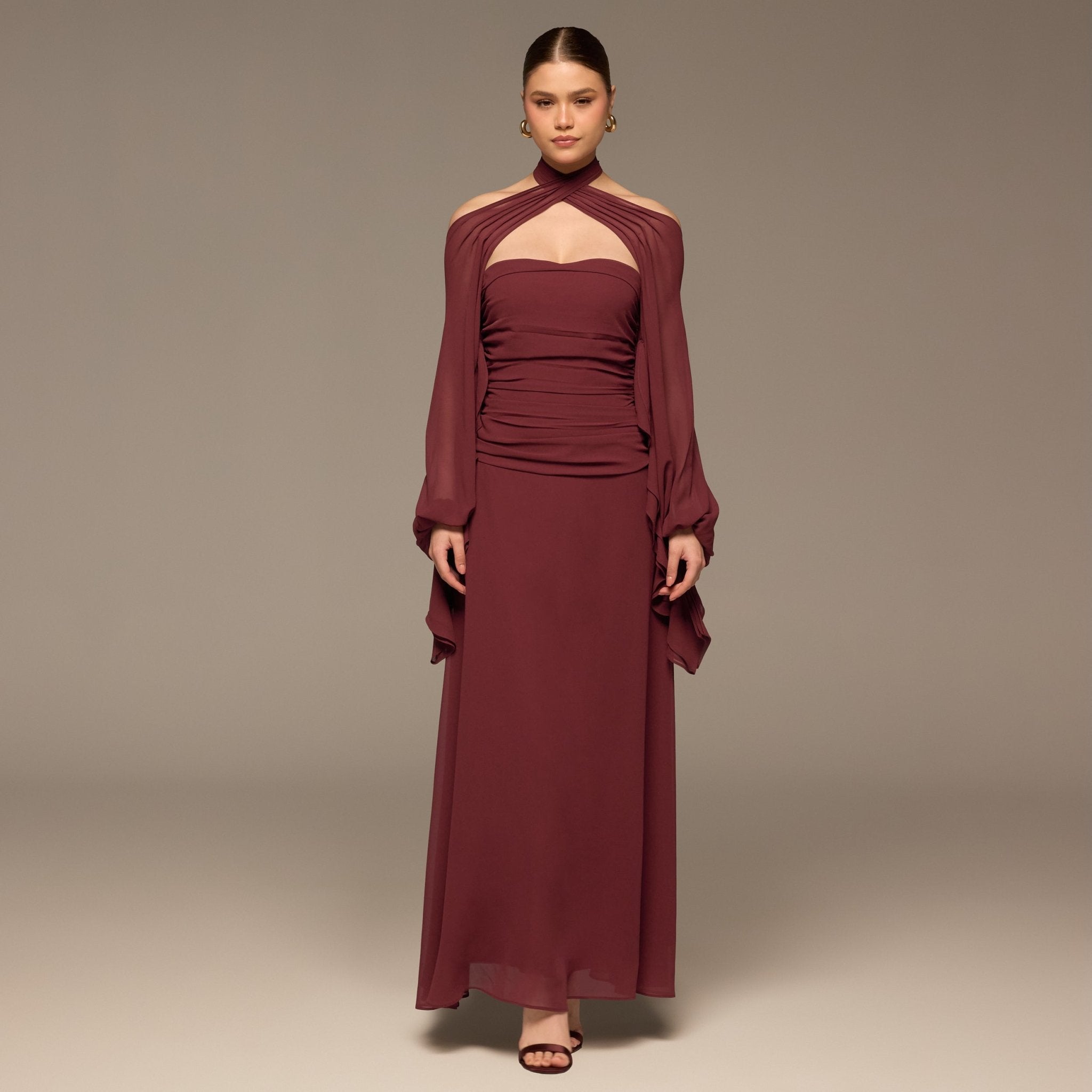 Burgundy Cross - Halter Chiffon Maxi Dress - shopaleena