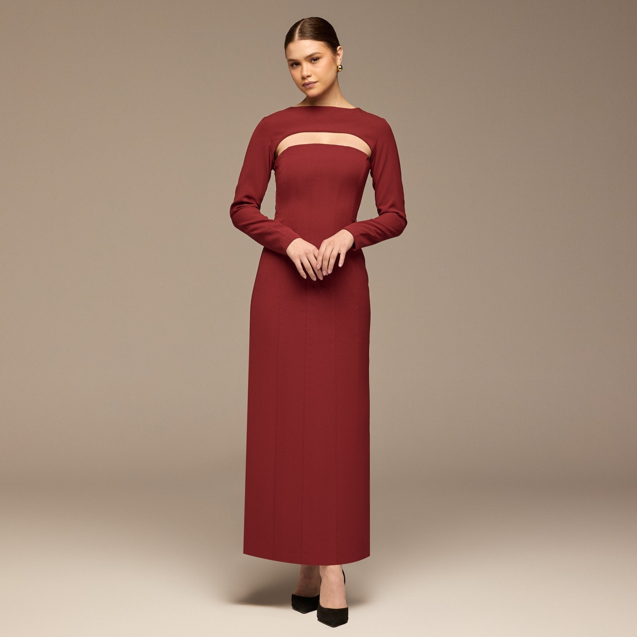 Burgundy Cut - Out Crepe Maxi Dress - shopaleena