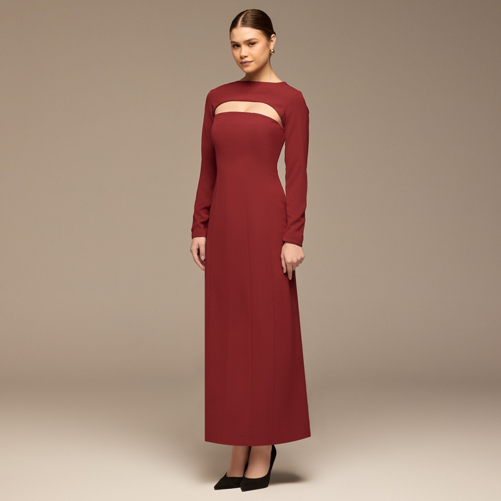 Burgundy Cut - Out Crepe Maxi Dress - shopaleena
