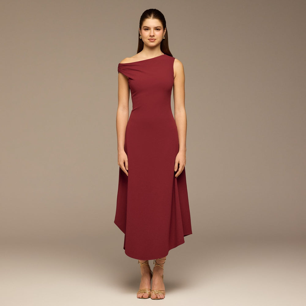 Burgundy Draped A - Line Crepe Midi Dress - shopaleena