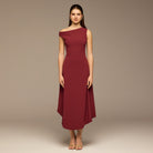 Burgundy Draped A - Line Crepe Midi Dress - shopaleena