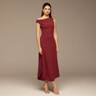 Burgundy Draped A - Line Crepe Midi Dress - shopaleena