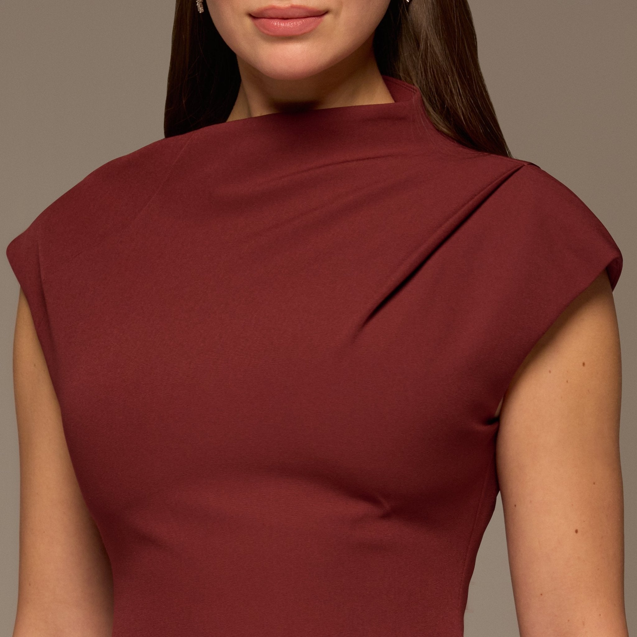 Burgundy Draped Shoulder Short Sleeve Midi Dress - shopaleena