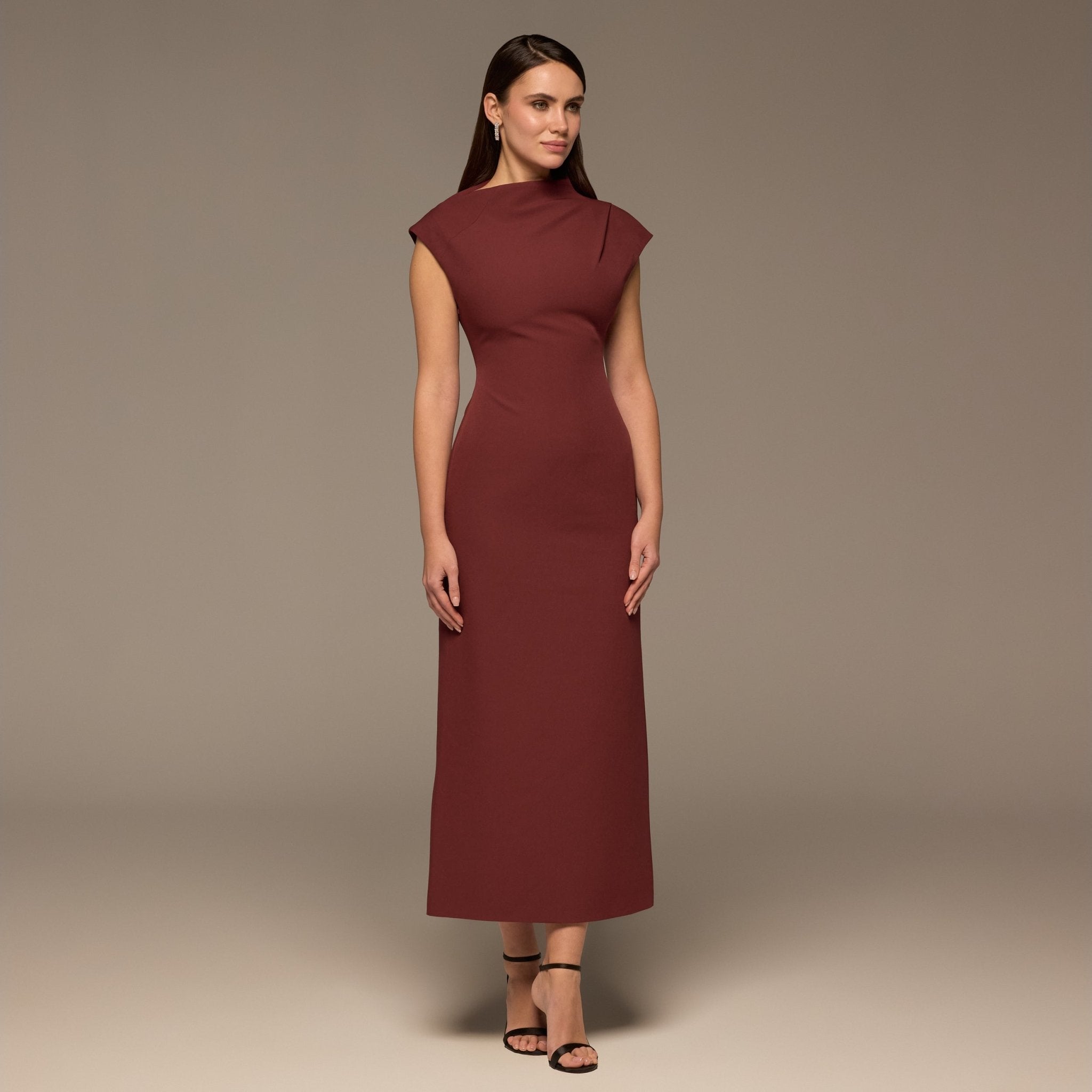 Burgundy Draped Shoulder Short Sleeve Midi Dress - shopaleena