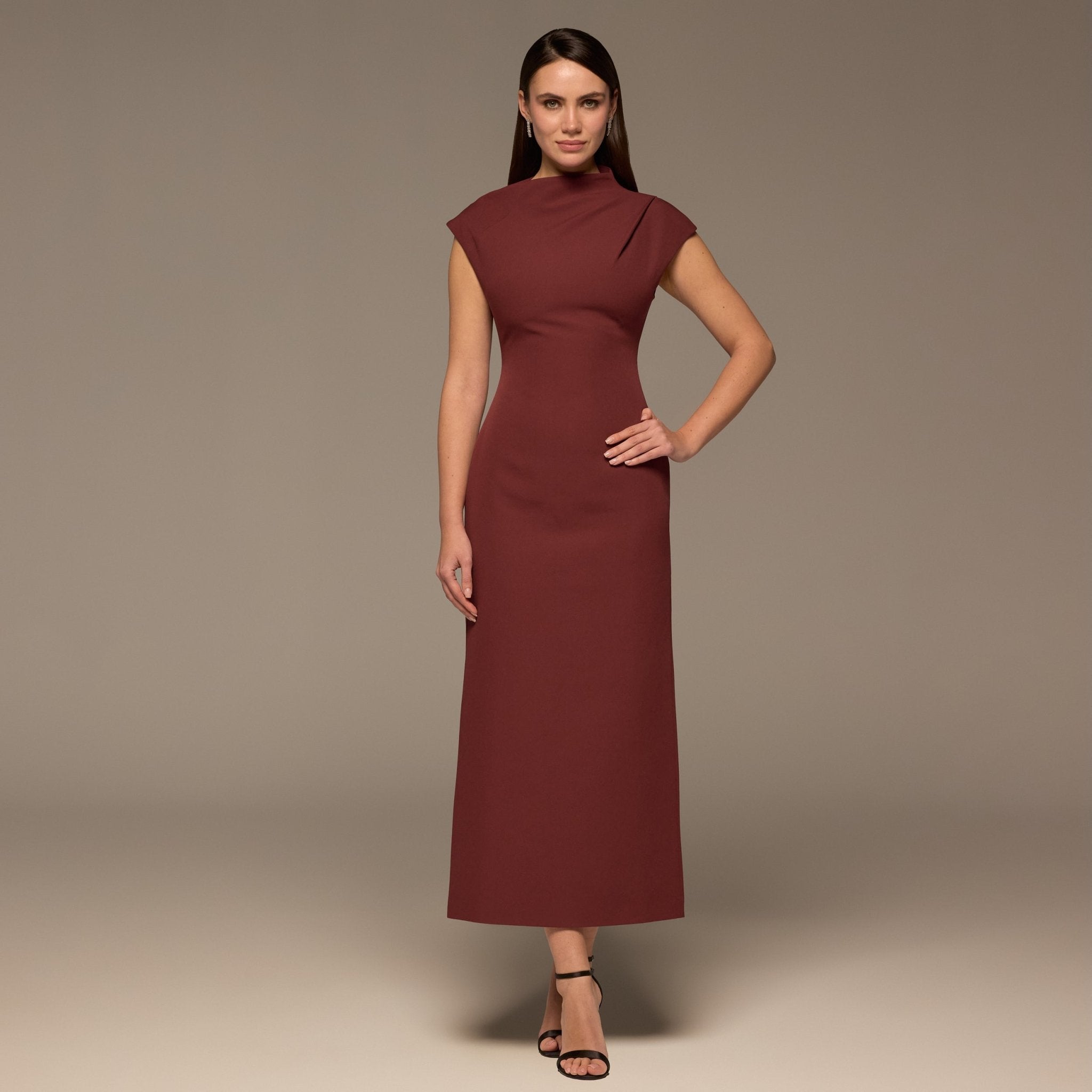 Burgundy Draped Shoulder Short Sleeve Midi Dress - shopaleena