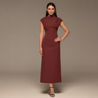 Burgundy Draped Shoulder Short Sleeve Midi Dress - shopaleena