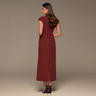 Burgundy Draped Shoulder Short Sleeve Midi Dress - shopaleena