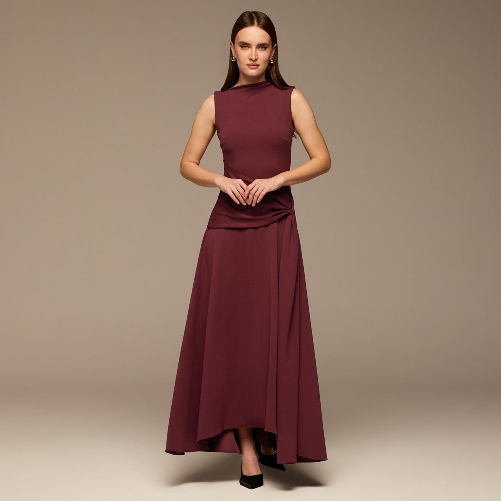 Burgundy Draped Sleeveless Maxi Dress - shopaleena