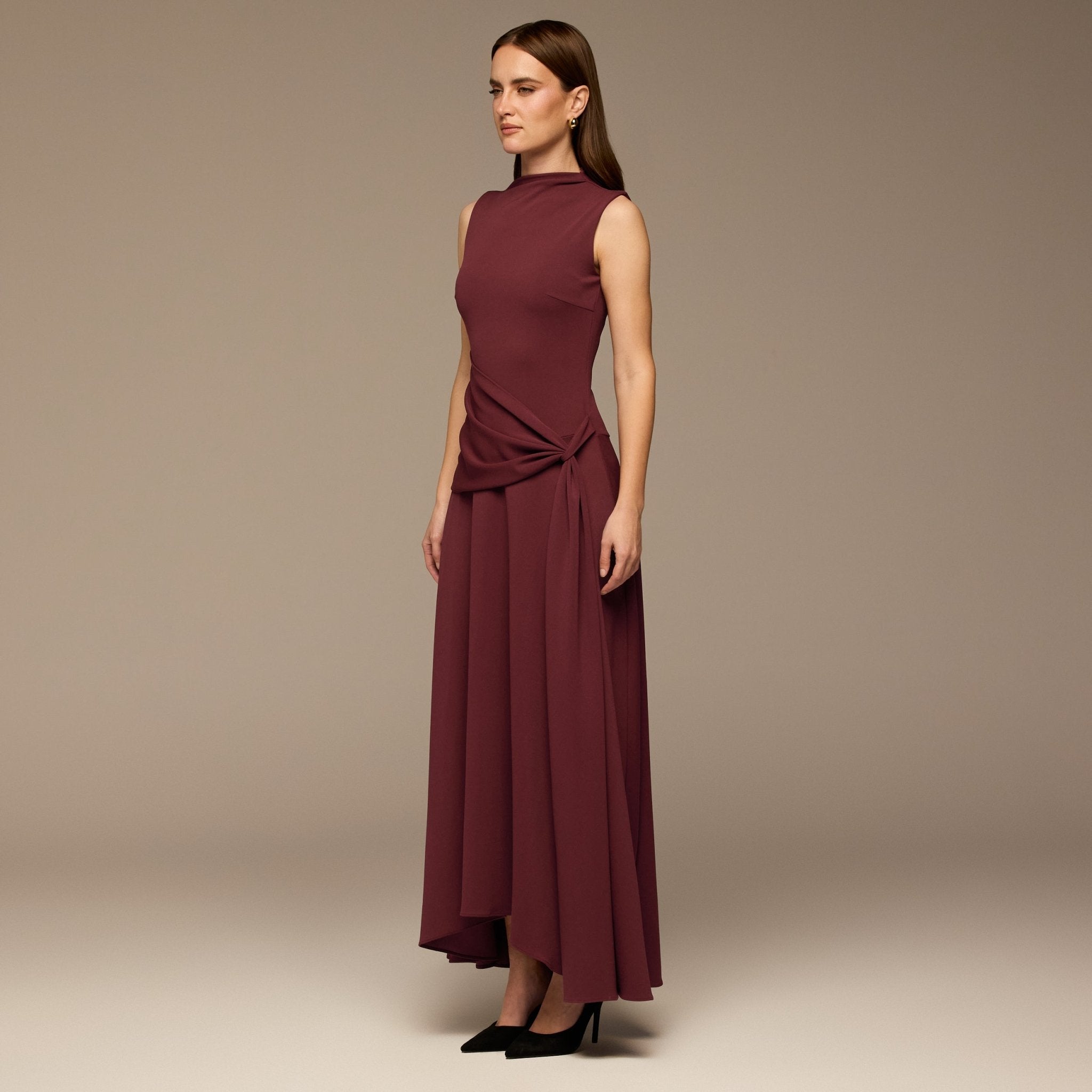 Burgundy Draped Sleeveless Maxi Dress - shopaleena
