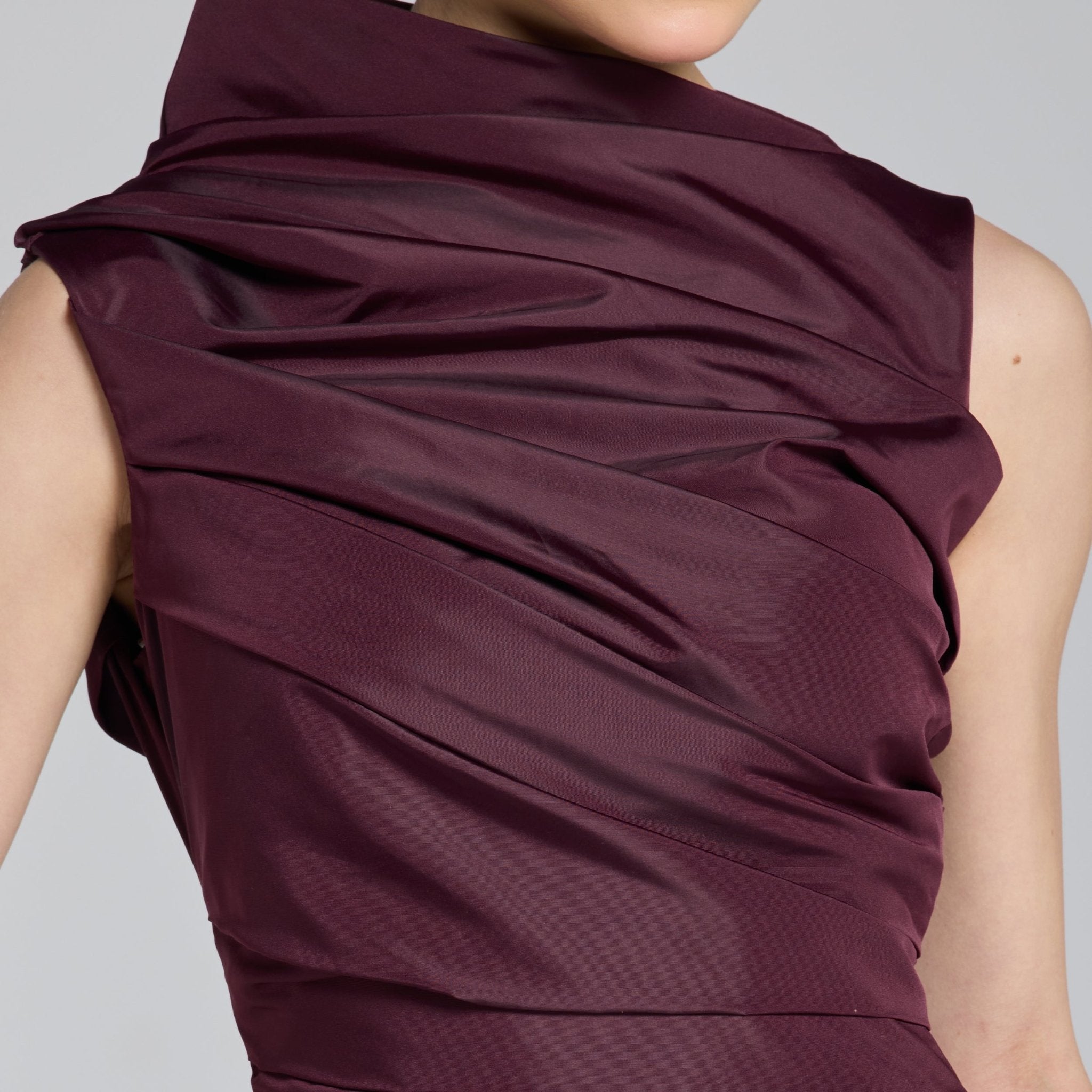 Burgundy Draped Taffeta Fishtail Gown - shopaleena