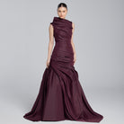 Burgundy Draped Taffeta Fishtail Gown - shopaleena