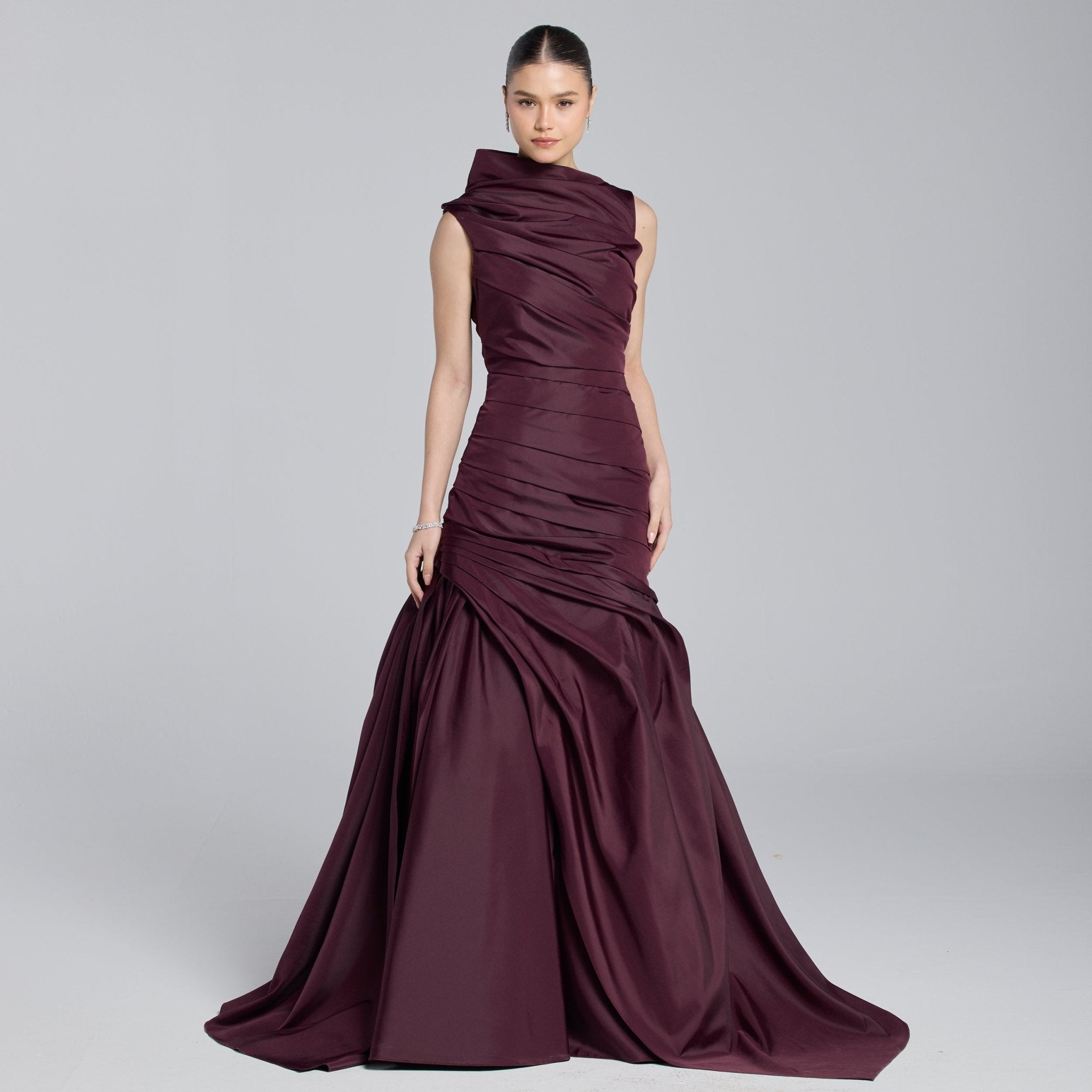 Burgundy Draped Taffeta Fishtail Gown - shopaleena
