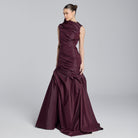 Burgundy Draped Taffeta Fishtail Gown - shopaleena
