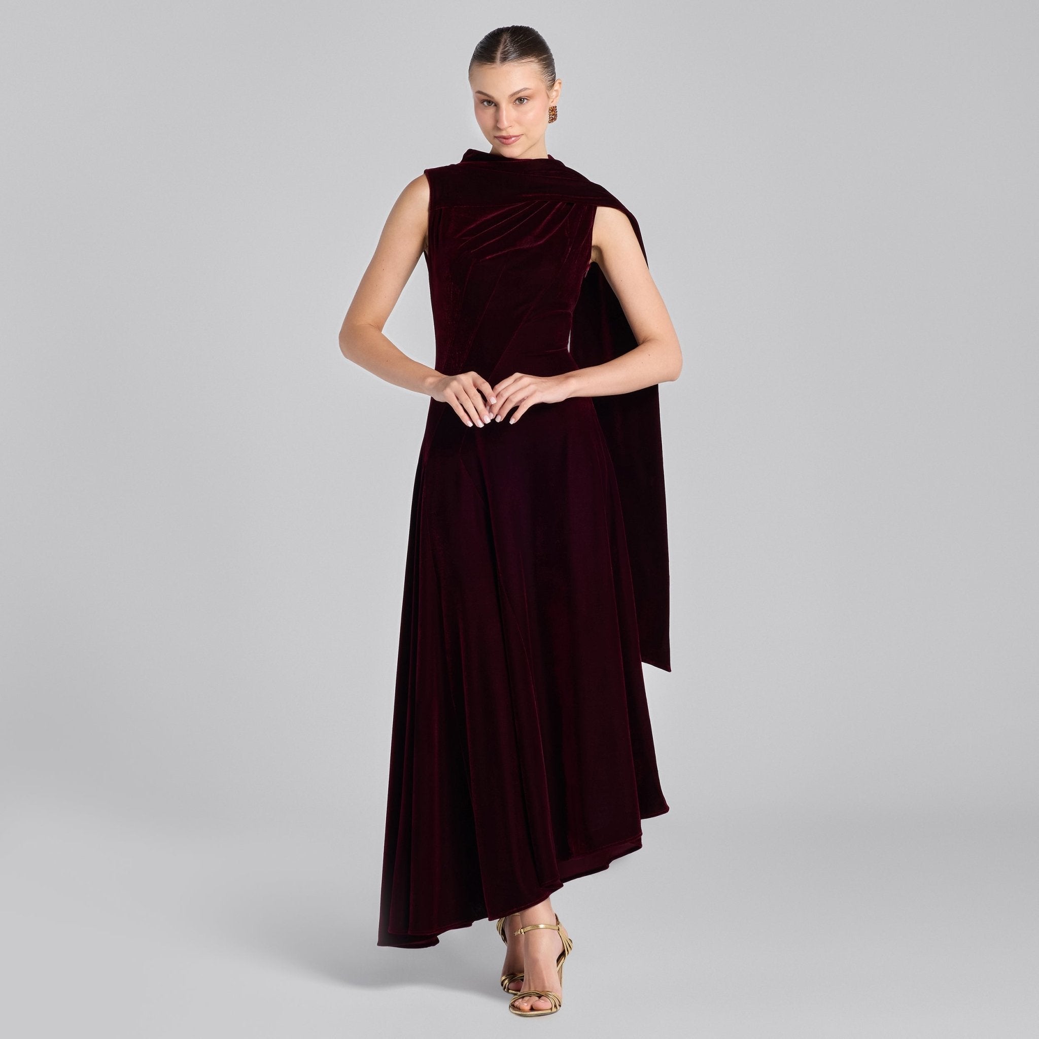 Burgundy Draped Velvet Midi Dress with Back Scarf – shopaleena