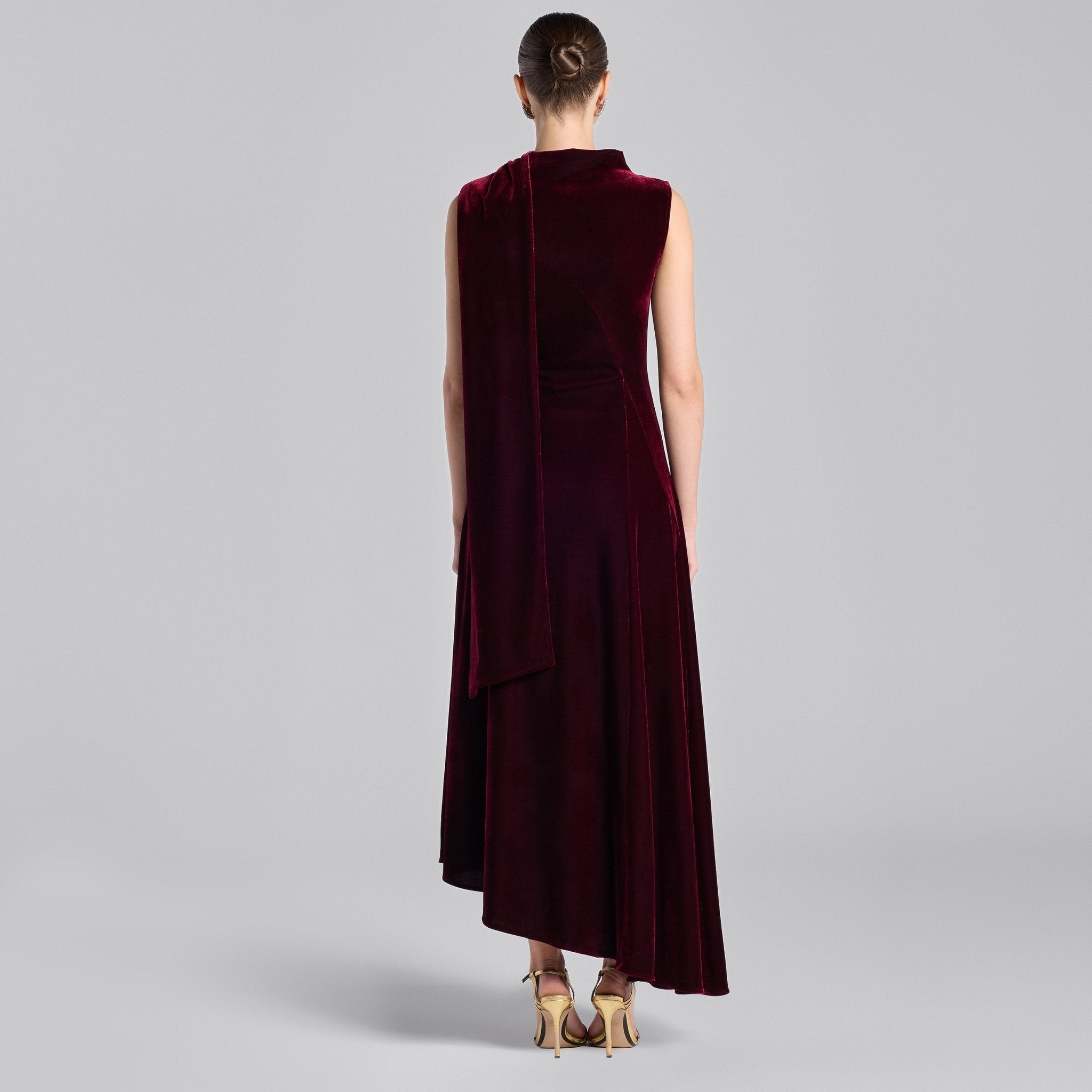Burgundy Draped Velvet Midi Dress with Back Scarf - shopaleena