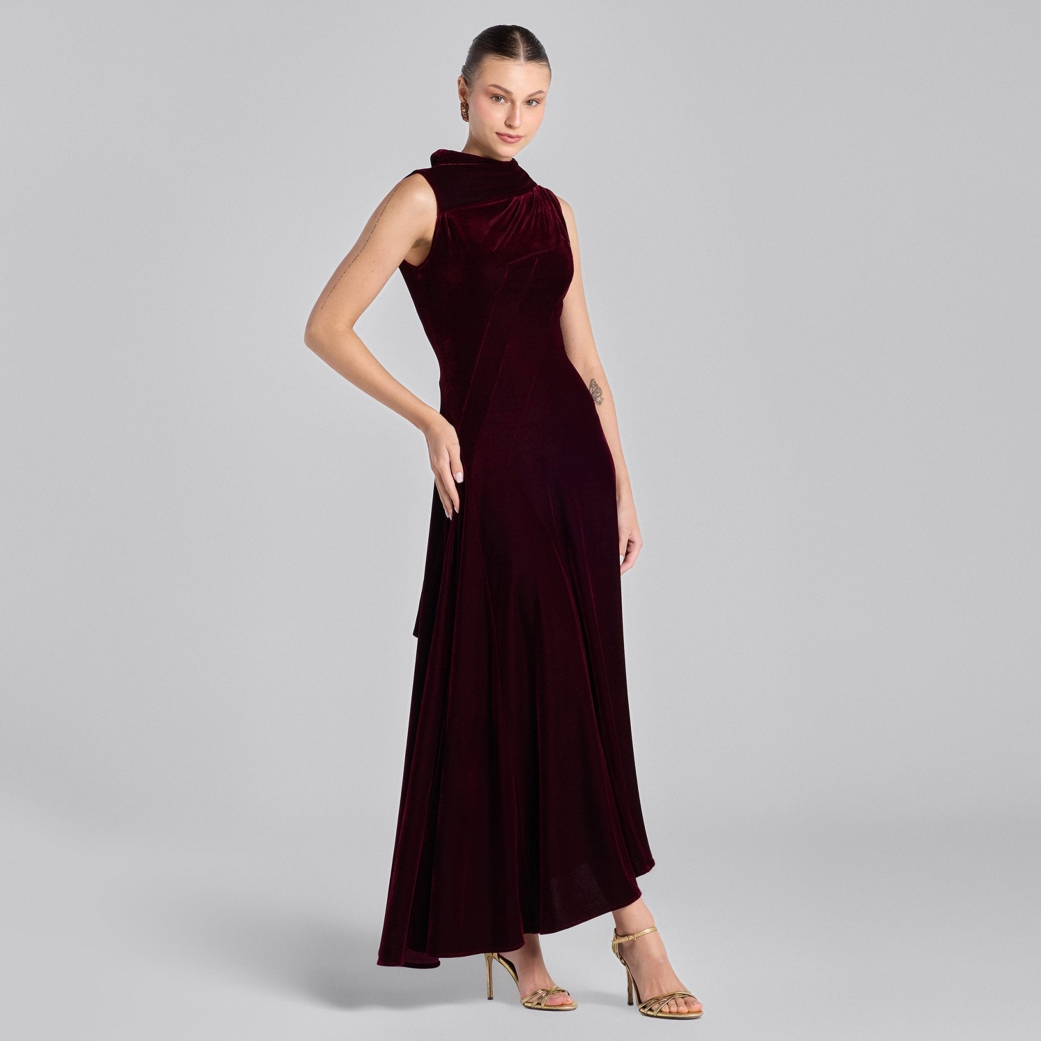 Burgundy Draped Velvet Midi Dress with Back Scarf - shopaleena