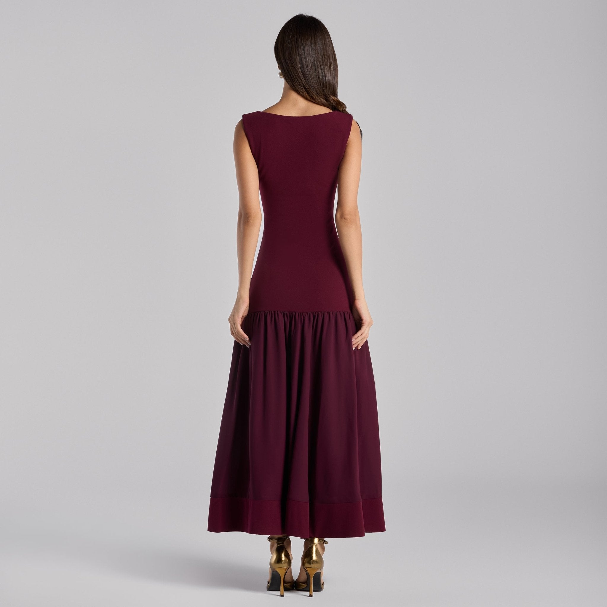 Burgundy Drop - Waist Midi Dress in Crepe and Chiffon - shopaleena