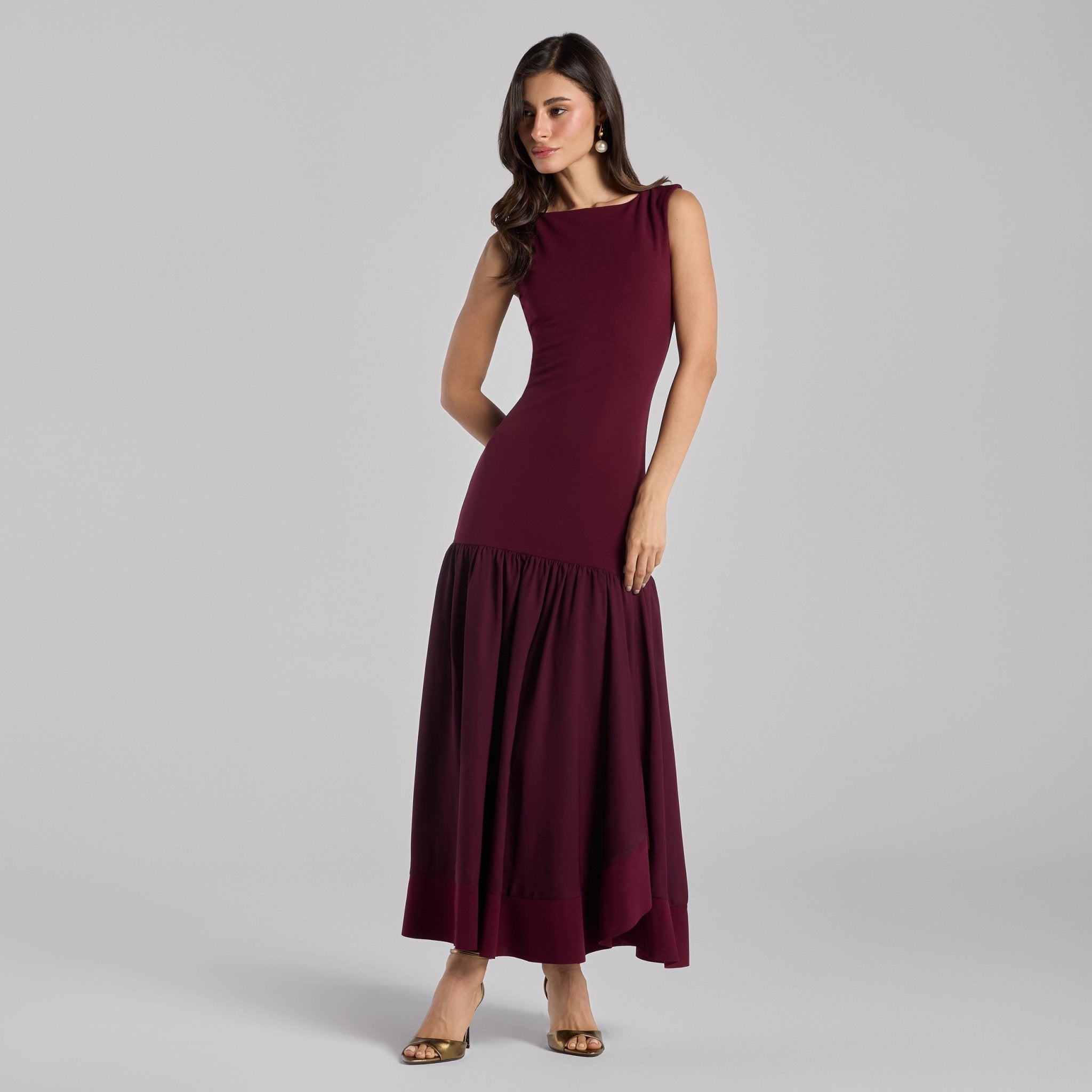 Burgundy Drop - Waist Midi Dress in Crepe and Chiffon - shopaleena