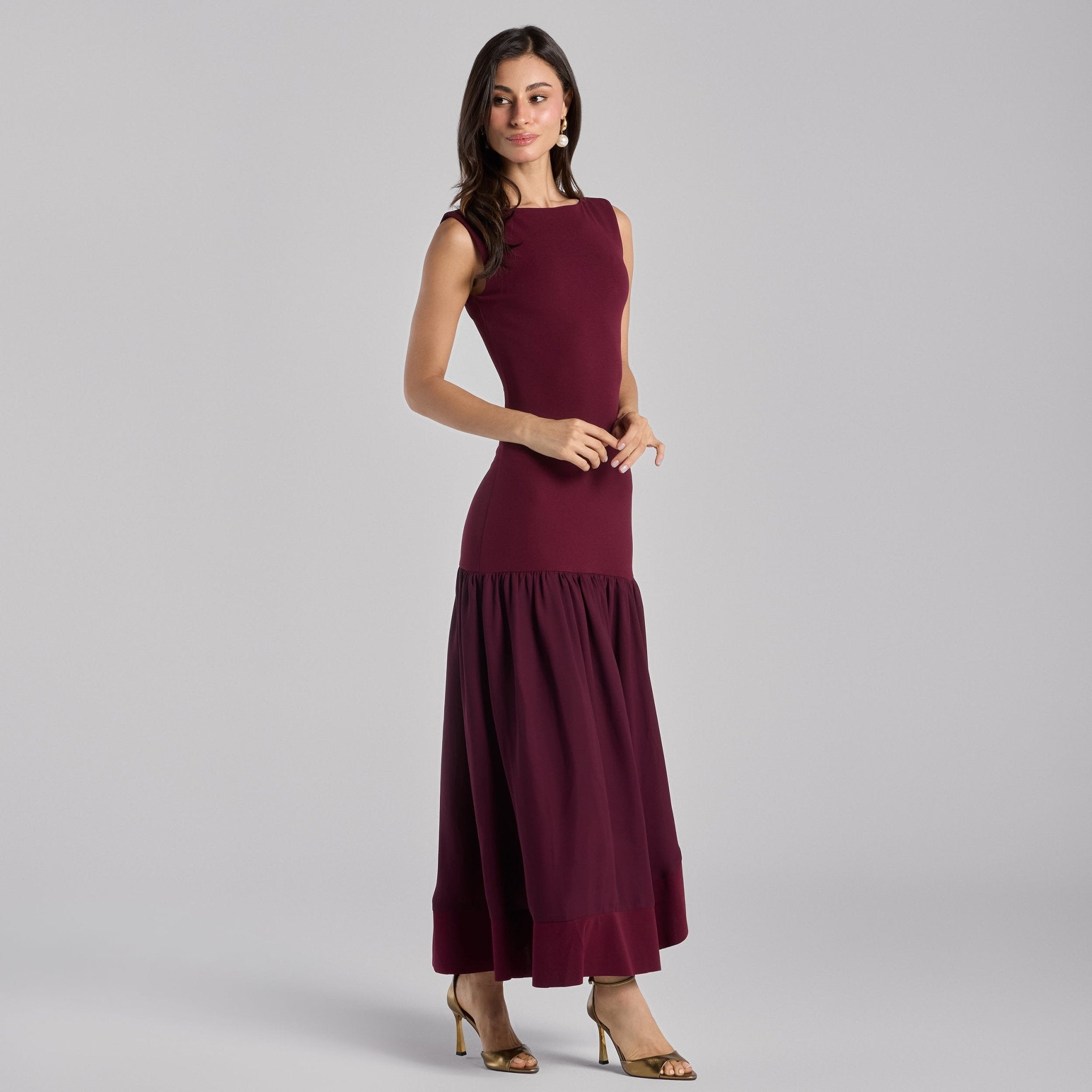 Burgundy Drop - Waist Midi Dress in Crepe and Chiffon - shopaleena