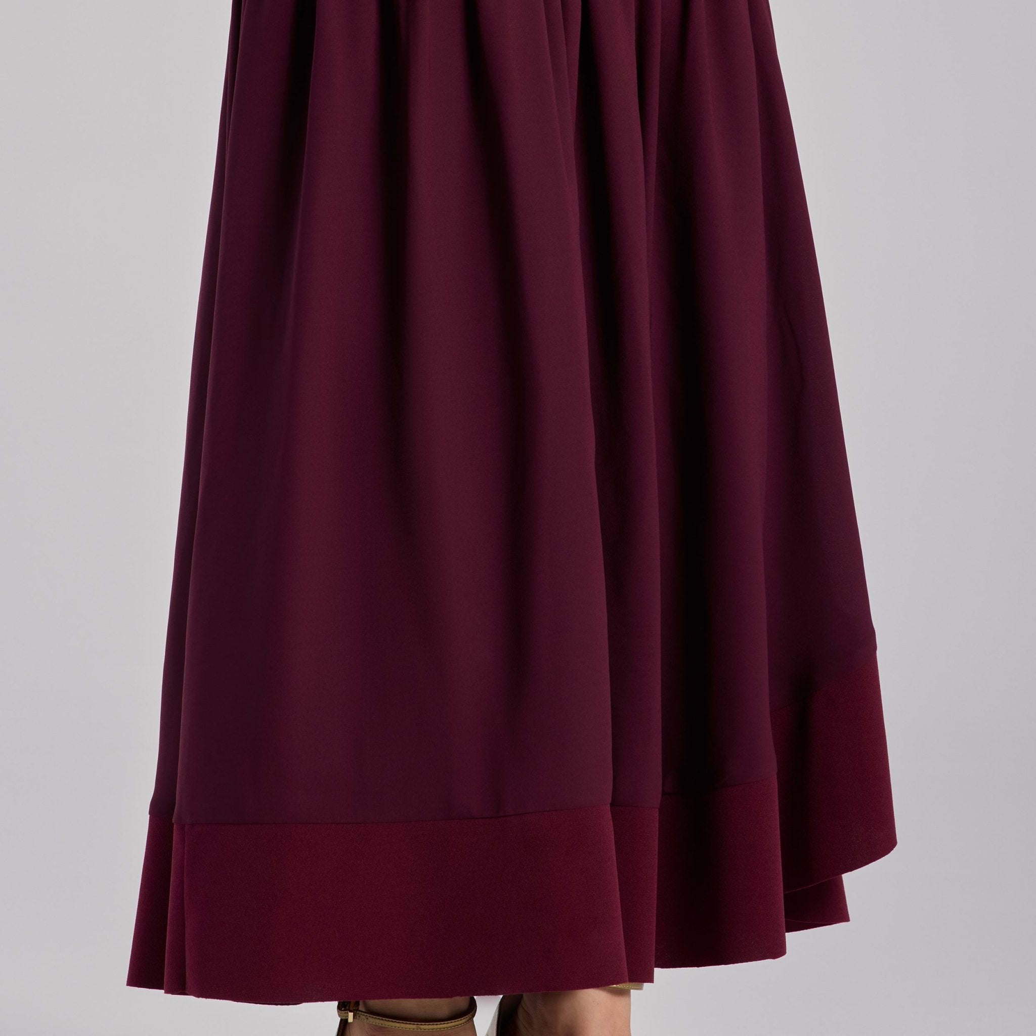 Burgundy Drop - Waist Midi Dress in Crepe and Chiffon - shopaleena