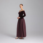 Burgundy Dropped Shoulder A - line Velvet - Taffeta Dress - shopaleena