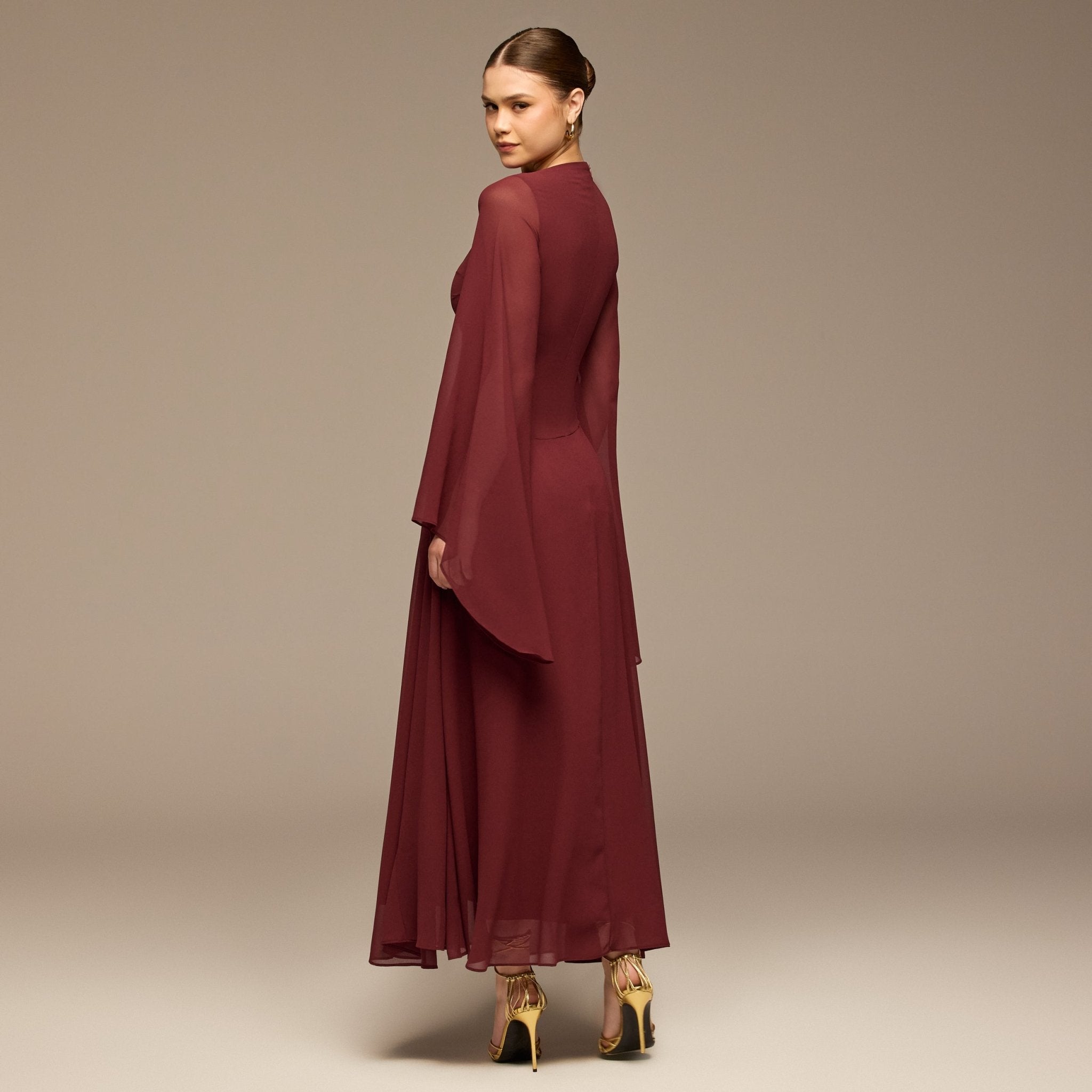 Burgundy Flared Sleeve Chiffon Maxi Dress - shopaleena