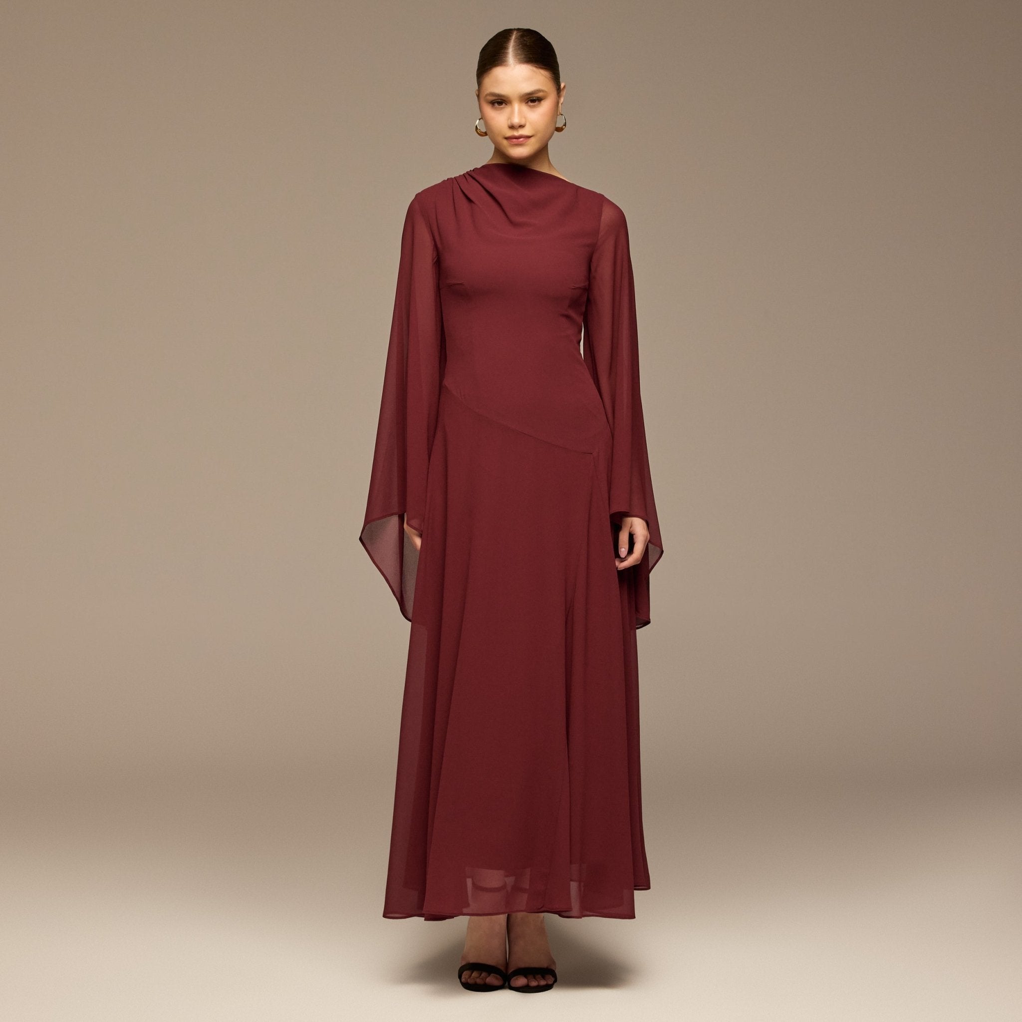 Burgundy Flared Sleeve Chiffon Maxi Dress - shopaleena