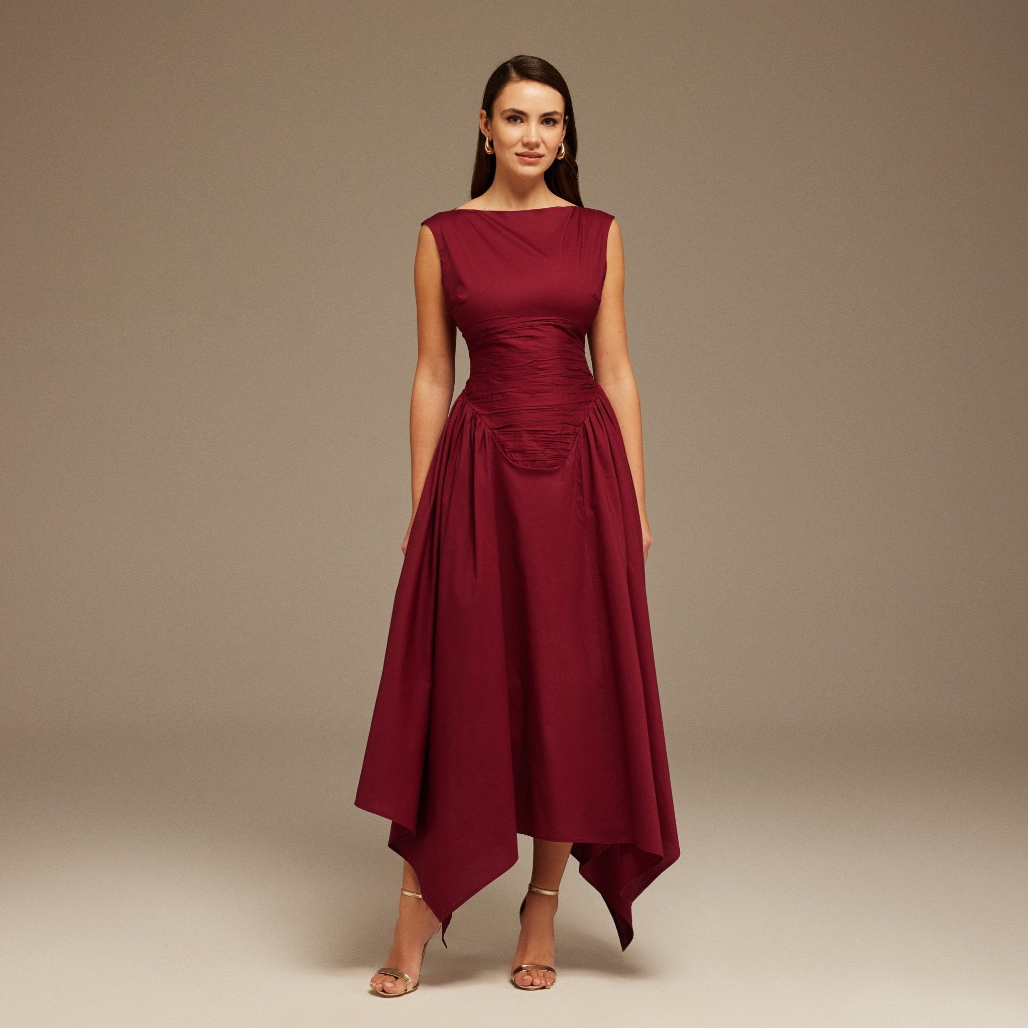 Burgundy Gathered Pleated Waist Midi Dress - shopaleena